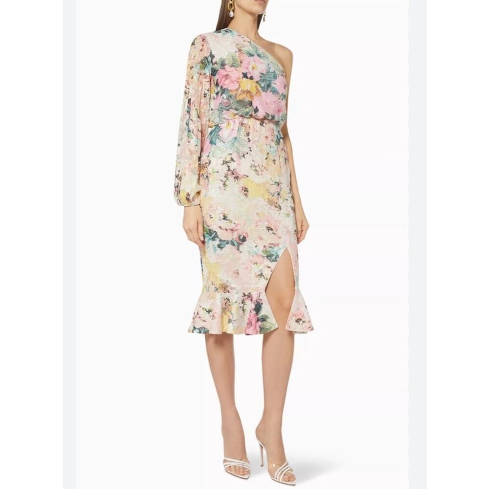 Hemant Nandita Teien Floral One Shoulder Ruffle Midi Dress‎ Size Large